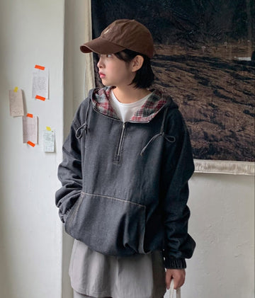 Torain Check Denim Hood Anorak Sweatshirt